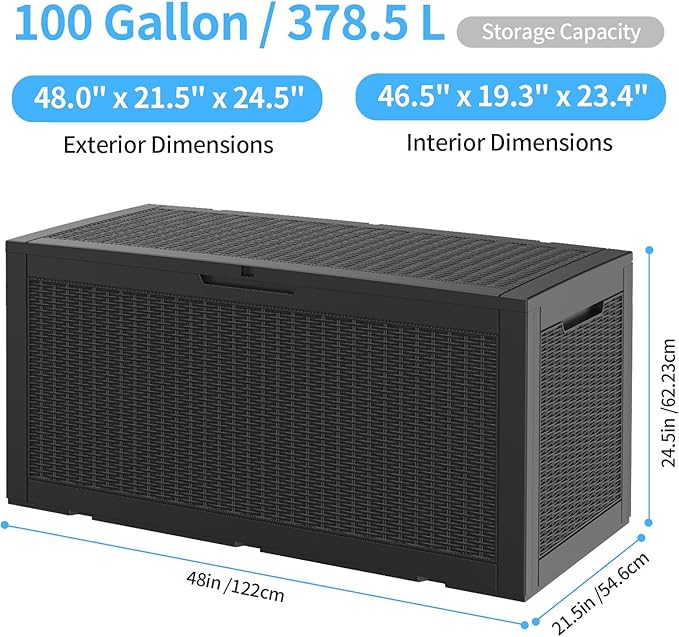 100 Gallon Outdoor Storage Box,Large Waterproof Resin Deck Box,Lockable Storage Container with Reinforced Support for Patio Cushions,Garden Tools,UV-Resistant（Black Rattan）