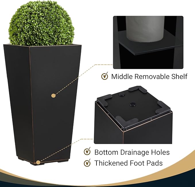 26 Inch Planter Tall Tapered Planter for Front Porch, Patio, Deck, Garden Indoor/Outdoor Tree Planters, Set of 4, Black with Copper Hand Brushed Rim