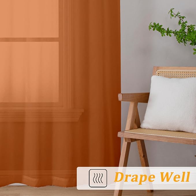 Gwine Burnt Orange Fall Sheer Curtains 96 Inches Long 2 Panels, Elegant Window - Image 6