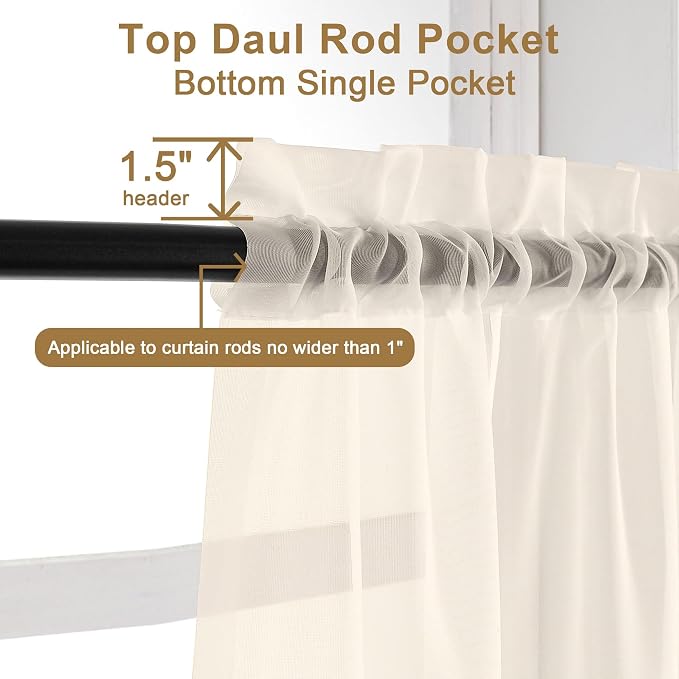 Chyhomenyc Cream Sheer Curtains 90 Inches Long - Image 2