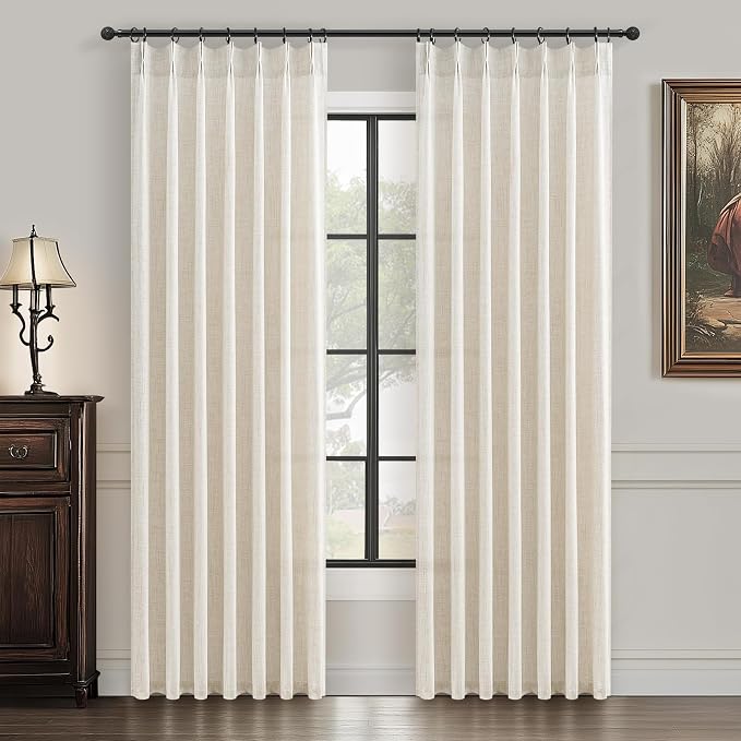 Cream Thick Linen 80 Inches Length Semi Sheer Curtains 2 Panels Set by PleatedDrapes