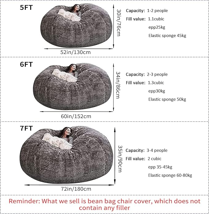 Big Huge Giant Bean Bag Chair for Adults, (No Filler) Bean Bag Chairs in Multiple Sizes and Colors Giant Foam-Filled Furniture - Machine Washable Covers, Double Stitched Seams (Jewel Blue,5FT)