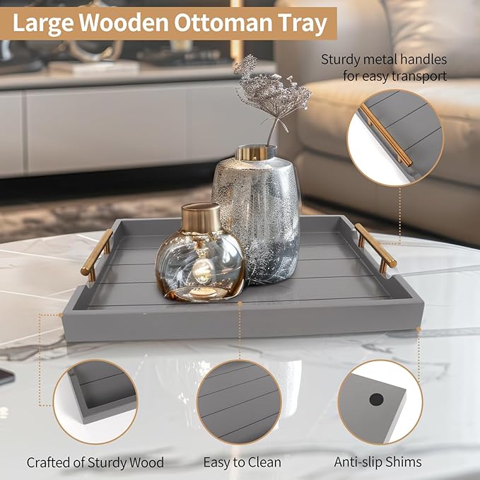 Coffee Table Tray - Large Ottoman Trays for Living Rooms - Wood Serving Tray with Handles(2 Sets) - Wooden Tray for Coffee Table, 4 Round Coasters Included, Gray