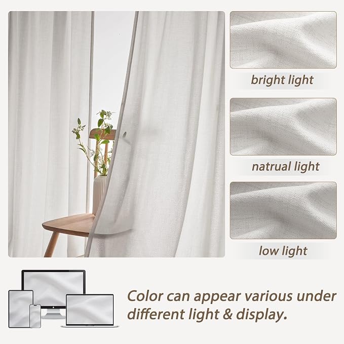 Beige White Thick Natural Linen Light Filtering 104 Inch Extra Long Curtains - Image 5
