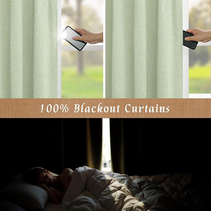 100% Blackout Natural Linen Curtains 72 Inches 2 Panels, Light Green | Room - Image 3