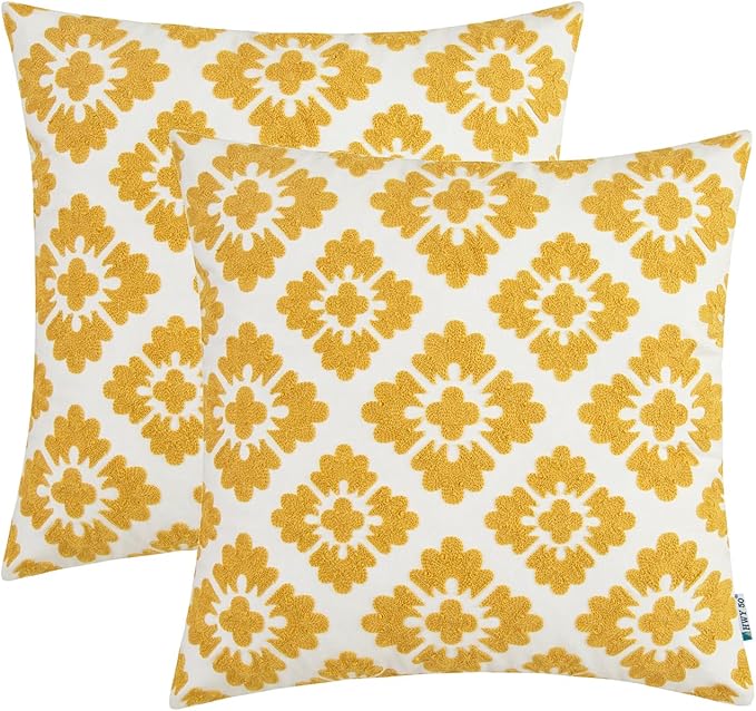 HWY 50 Mustard Yellow Decorative Throw Pillow Covers 18x18 Inch, Pack of 2 Embroidered Cotton Farmhouse Cushion Cover Pillow Case for Sofa Couch Living Room Bed Bedroon, Geometric Diamond Floral