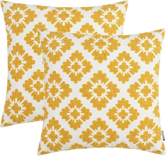 HWY 50 Mustard Yellow Decorative Throw Pillow Covers 18x18 Inch, Pack of 2 Embroidered Cotton Farmhouse Cushion Cover Pillow Case for Sofa Couch Living Room Bed Bedroon, Geometric Diamond Floral