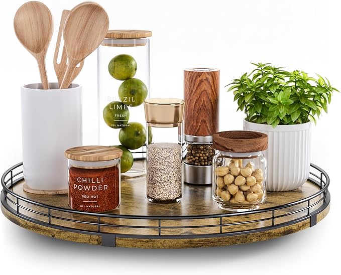 Lazy Susan Turntable Organizer for Table Top, 16’’ Round Wooden Lazy Susan for Cabinet Kitchen Countertop Pantry Dining Coffee Table for Condiments Spices, Rustic Bathroom Vanity Tray for Soap Candle