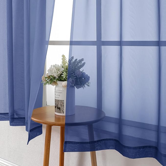 Lecloud Royal Blue Sheer Curtains 45 Inch Length 2 Panels, Voile Rod Pocket - Image 7