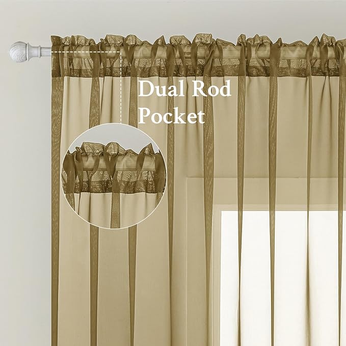 MIULEE Dark Gold Sheer Curtains 84 Inches Long 2 Panels, Light Filtering Voile - Image 2