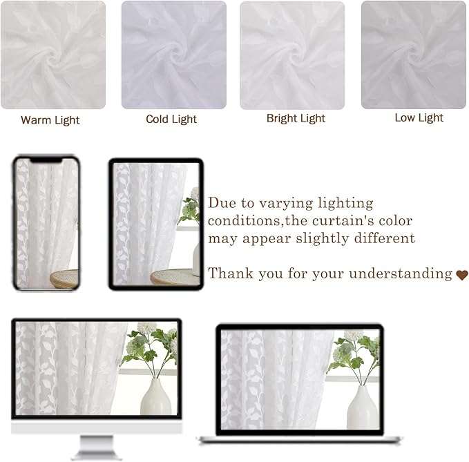 Chyhomenyc White Sheer Curtains 24 Inch Length, Light Filtering Leaf Tufted - Image 8