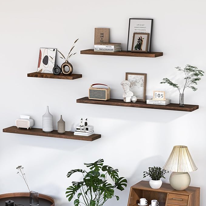 Fun Memories Floating Shelves for Wall, 72"x9.3" Rustic Solid Elm Wood Wall Shelves, Heavy-Duty Wall Mounted Shelves with Invisible Brackets, Set of 2 for Living Room, Bedroom, Kitchen, Walnut Finish