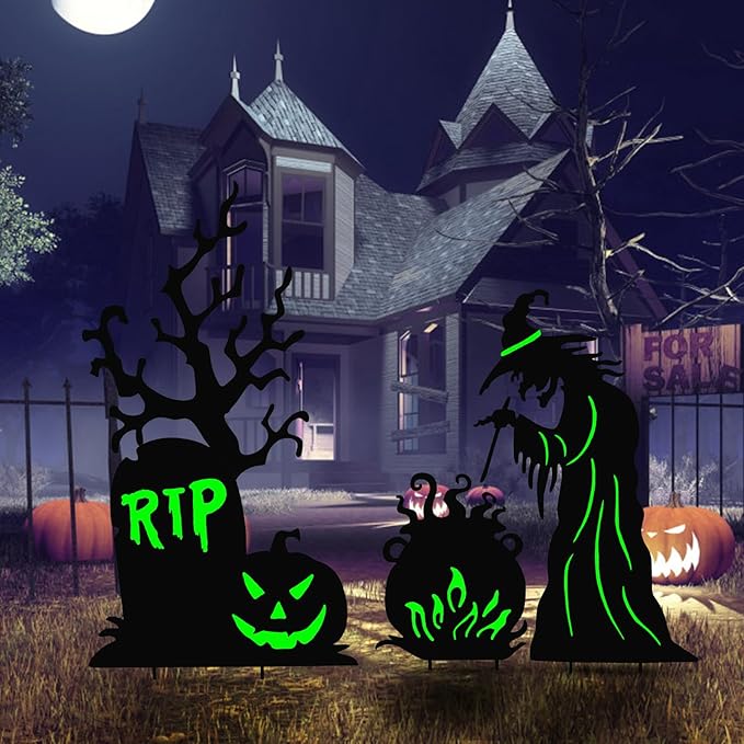 Halloween Yard Signs Outdoor Decorations，3 Pack Warerproof Scary Witch Tombstone Cauldron Fluorescent Metal Stakes Glow in The Dark for Lawn Garden Halloween Decor (Witch Tombstone Cauldron)