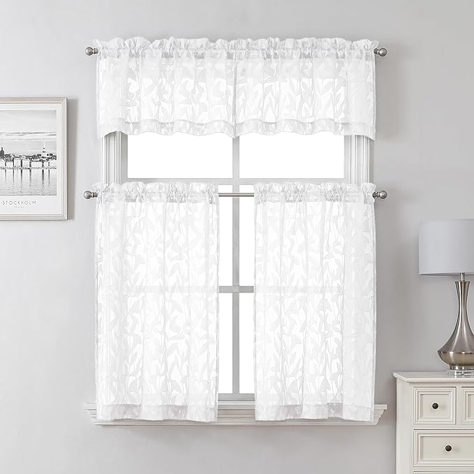 Lecloud Leia Texture White Curtains Sheer Valance 14 Inch Long 2 PCS, Dual Rod - Image 8