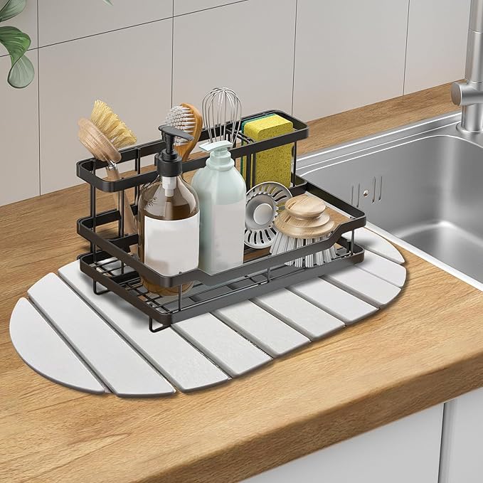 Large Stone Dish Drying Mats for Kitchen Counter, Quick Dry Absorbent Collapsible Dish Drying Mat,Diatomaceous Earth Mats for Dishes Bottles Cups,Match Any Countertop, Elliptical 24 * 16inch