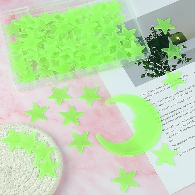 100 Stars and 1 Moon Glow in The Dark Luminous Fluorescent 3D Plastic Glow Stars Moon for Ceiling, Glowing Wall Stickers Create a Realistic Starry Sky, Room Decorations (Green)