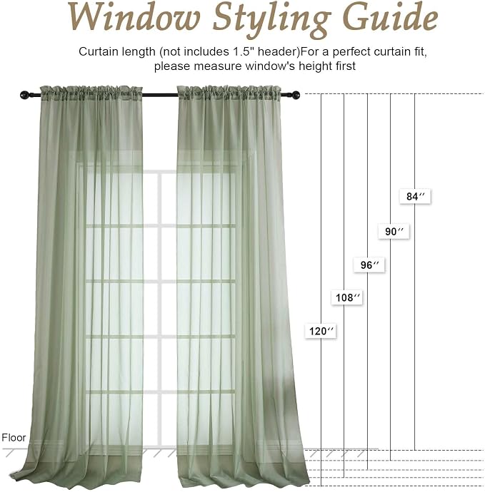 Sheer Sage Green Curtains 108 Inches Long 2 Panels Set, 59 Inch Extra Wide - Image 2