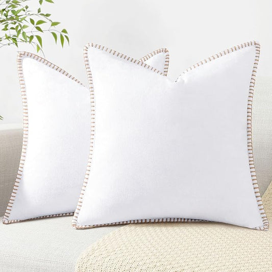 decorUhome Chenille Soft Throw Pillow Covers 20x20 Set of 2, Farmhouse Velvet Neutral Decorative Euro Pillow Covers with Stitched Edge for Couch Sofa Bed Home Decor, White
