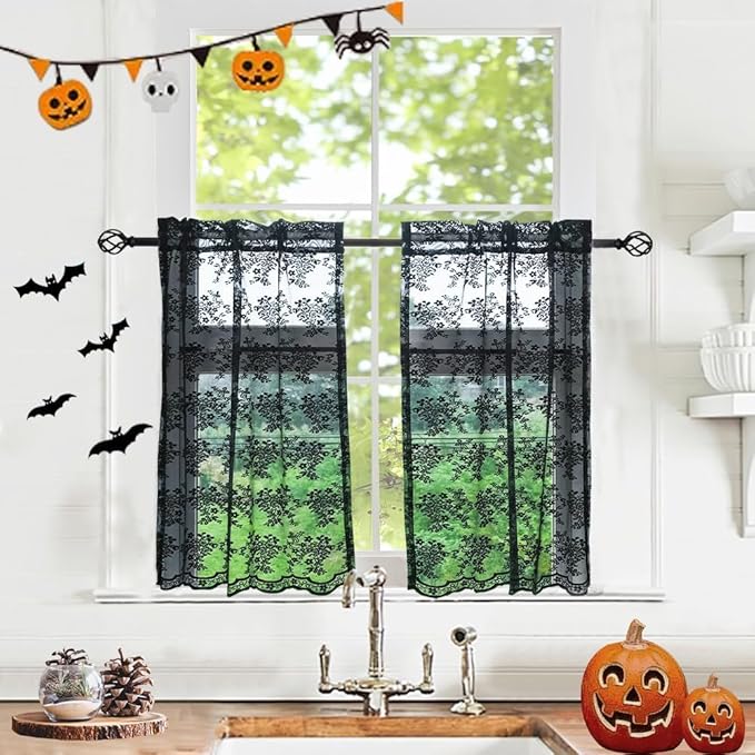 YJ YANJUN Vintage Lace Curtains 24 inch Length Set of 2 Victorian Gothic Short by YJYANJUN