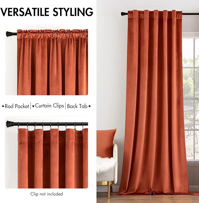 MIULEE Velvet Curtains 52x96 inches 2 Panels Burnt Orange Blackout Curtains | - Image 2