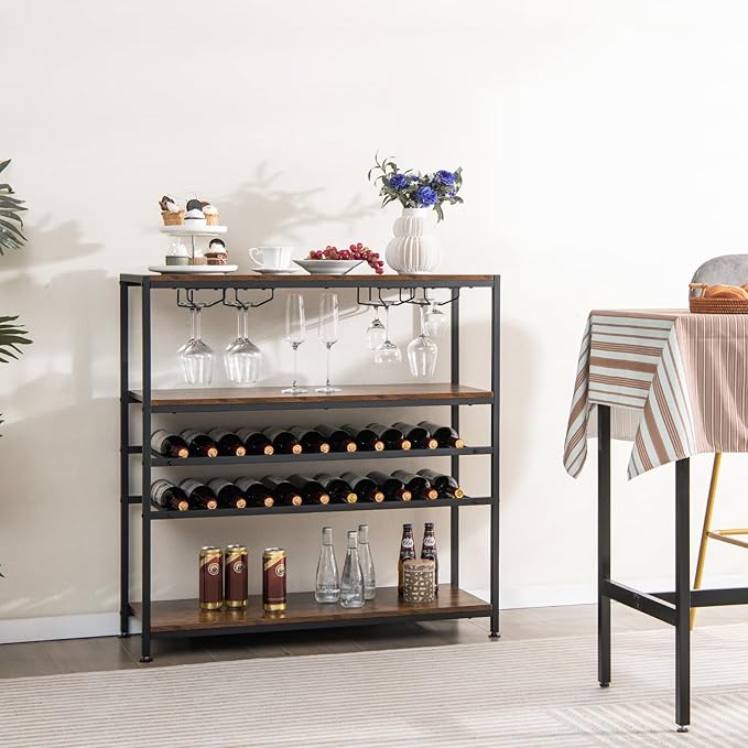 GOFLAME Industrial Wine Rack Table, Wine Bar Cabinet with 2-Tier Wine Rack, 4 Row Glass Holder and Storage Shelves, Freestanding Floor Liquor Storage Stand for Kitchen, Dining Room, Rustic Brown