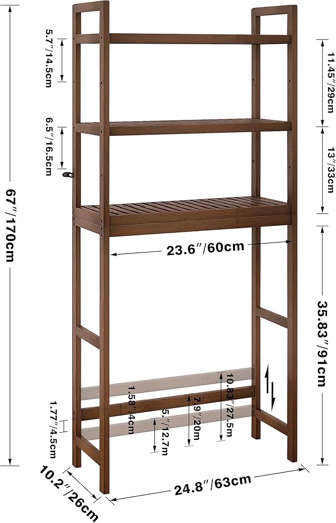 SMIBUY Bathroom Storage Shelf, Bamboo Over-The-Toilet Organizer Rack, Freestanding Toilet Space Saver with 3-Tier Adjustable Shelves (Walnut)