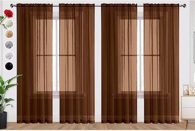 SpaceDresser Brown Sheer Curtains 4 Panels Rod Pocket Semi-Sheer Curtain 90 by SpaceDresser