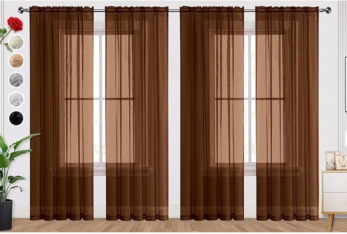 SpaceDresser Brown Sheer Curtains 4 Panels Rod Pocket Semi-Sheer Curtain 90 by SpaceDresser