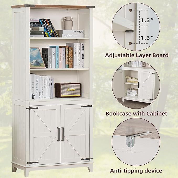 5 Tier Bookshelf 70in Tall Bookcase with Barn Doors and Storage Cabinet, White Farmhouse Book Shelf with Adjustable Shelves, Wood Freestanding Display Bookshelves for Bedroom, Living Room