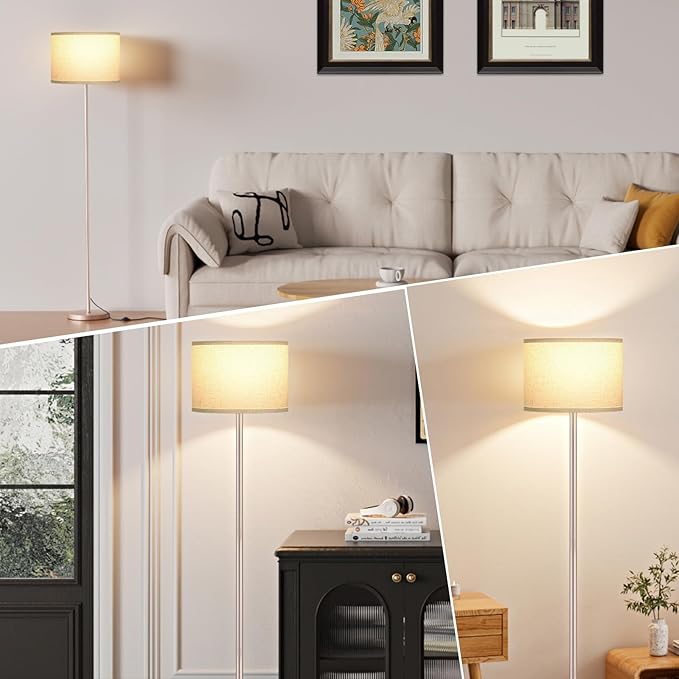 Ambimall 60'' Modern Floor Lamp with Shade, Tall Lamps for Living Room, Bedroom, Office, Dining Room, Beige Shade with Mocha Gold Pole(Without Bulb)