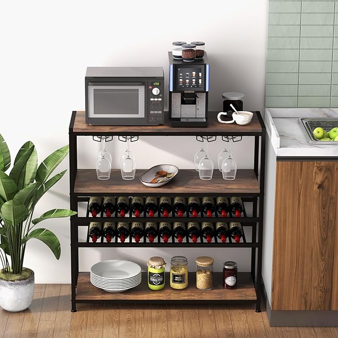 GOFLAME Industrial Wine Rack Table, Wine Bar Cabinet with 2-Tier Wine Rack, 4 Row Glass Holder and Storage Shelves, Freestanding Floor Liquor Storage Stand for Kitchen, Dining Room, Rustic Brown