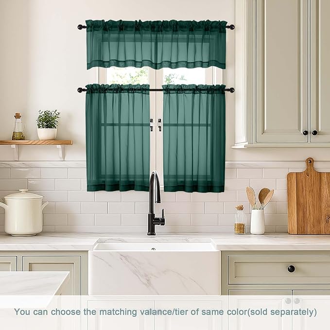 Green Sheer Curtains Tier 30 Inches Length 2 Panels, Light Filtering - Image 2