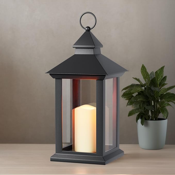 Lanterns Decorative Indoor, 1 Pack Black Outdoor Lantern with Timer, 14" Lantern Waterproof with Battery Operated Candle, Outdoor Hanging Lanterns for Porch, Patio, Wedding Decor
