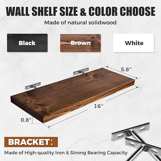 Floating Wall Shelves 2-Pack - Rustic Brown 16-inch Wooden Wall Shelves for Storage and Décor, Multi-Functional and Easy to Install for Living Room, Bedroom, and Kitchen