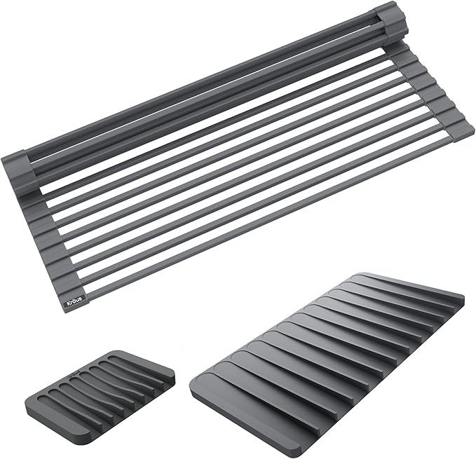 Kraus Roll Up Dish Drying Rack with Self-Draining Silicone Dish Drying Mat and Silicone Soap Dish Holder in Dark Grey, KDM-KRM-10DG