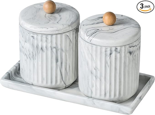 Marble Small Bathroom Jar Set ，Ceramic Cotton Swabs Holder with Lid and Dresser Organizer Set Tray for Storage and Organizing in Bathroom, Dresser, Kitchen, Office