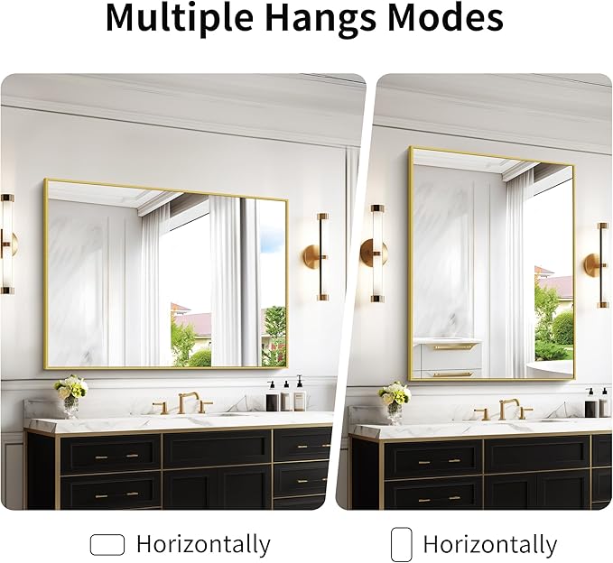 36x48inch Bathroom Mirror, Gold Rectangle Mirror with Thin Metal Frame, Large Rectangular Wall Mirrors for Bathroom, Living Room, Hair Salon, Big Farmhouse Mirror Hang Horizontal/Vertical