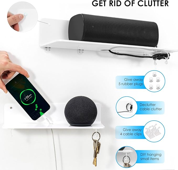 OAPRIRE White Acrylic Floating Shelves Set of 2 - Damage Free Expand Wall Space - 12 Inch Wall Shelves with Strong Adhesive for Bathroom, Bedroom, etc