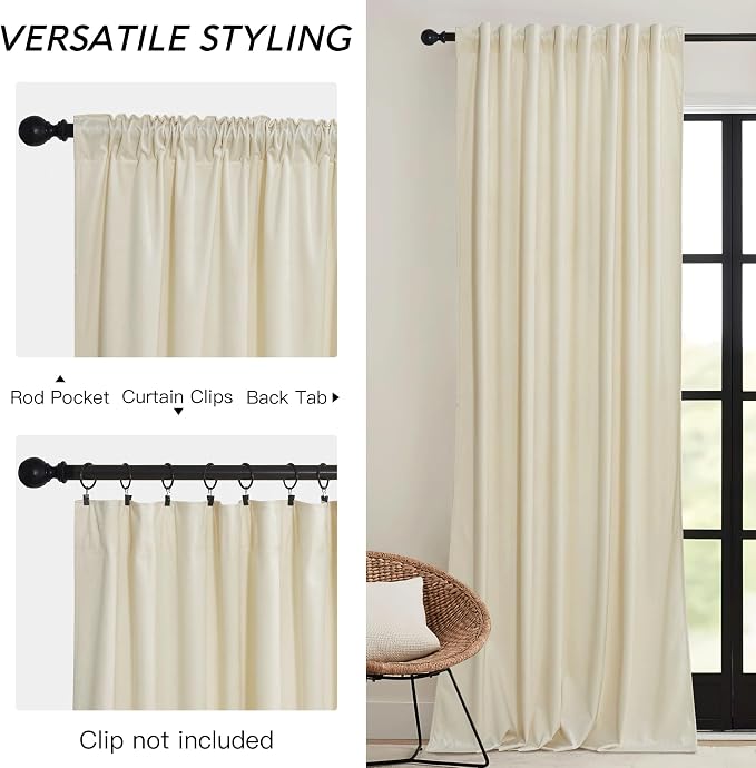 RYB HOME 90 inches Beige Velvet Curtains - Image 2