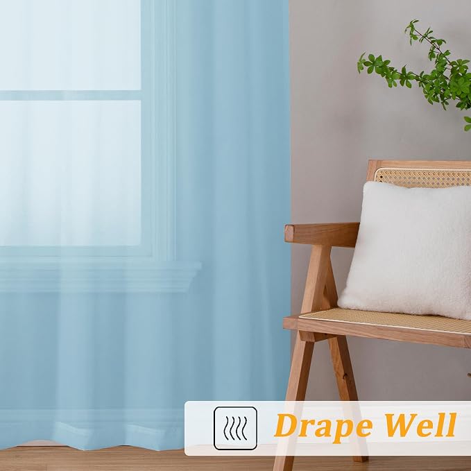 Gwine Sky Blue Sheer Curtains 96 Inches Long 2 Panels, Elegant Window - Image 6