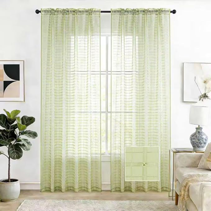 SpaceDresser Check Sheer Curtains 63 Inches 2 Panels Set, Rod Pocket Plaid by SpaceDresser