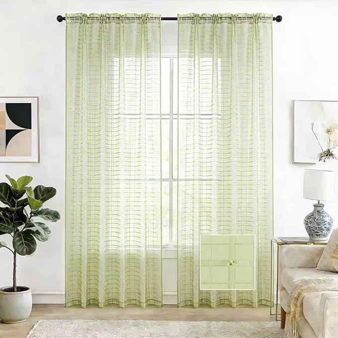 SpaceDresser Check Sheer Curtains 45 Inches 2 Panels Set, Rod Pocket Plaid by SpaceDresser