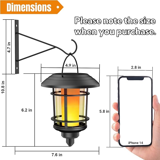 Dynaming Solar Flame Wall Lanterns, Outdoor Solar Wall Hanging Lights, Flickering Flame LED Lights Auto On/Off Wall Mounted Sconce Lights with Hooks, Waterproof for Garage Stair Patio Porch, 2 Pack