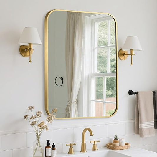 FARMER 16x24 Inch Gold Bathroom Mirror, Rectangle Vanity Mirror, Brushed Mirrors for Wall, Metal Frame Hanging Mirror with Round Corner for Bedrooms, Entryways, Living Rooms, Horizontal/Vertical