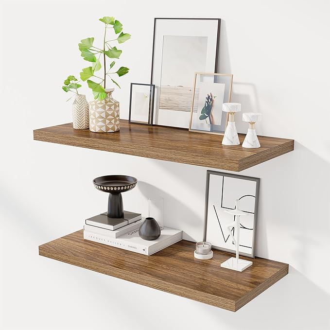 30" Floating Shelves for Wall, 12" Deep Slim Walnut Floating Shelves, Wall-Mounted Shelves for Bedroom, Living Room, Kitchen, Bathroom - Set of 2
