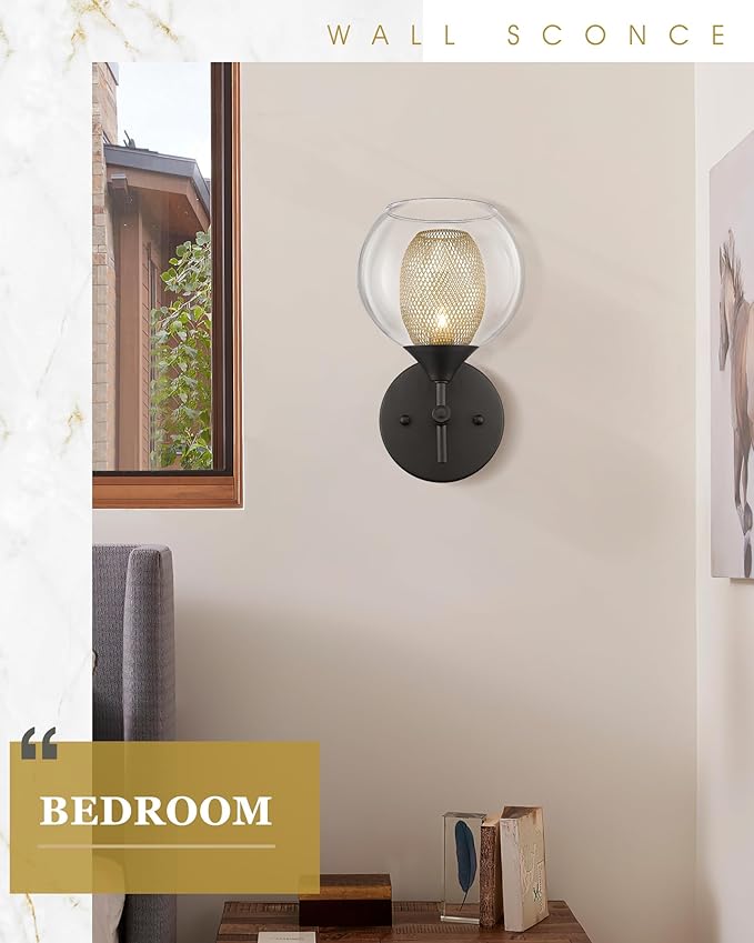 Black Wall Sconce Set of 2, Bathroom Vanity Light Fixture with Clear Glass and Honeycomb Metal Shade, Sconces Wall Lighting for Mirror Bedroom Hallway, AD-22001-1W2-BK