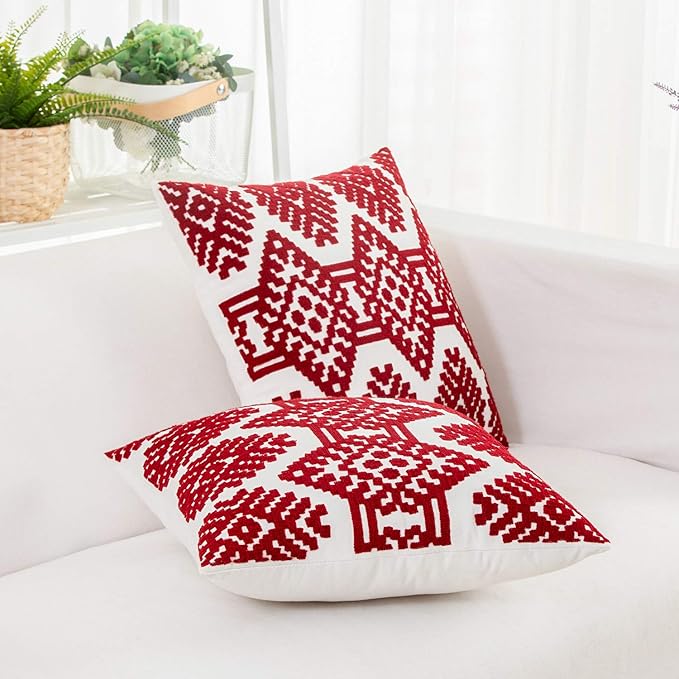 HWY 50 Red Decorative Throw Pillow Covers 18x18 Inch, Pack of 2 Embroidered Cotton Farmhouse Cushion Cover Pillow Case for Sofa Couch Living Room Bed Bedroon, Diamond Design