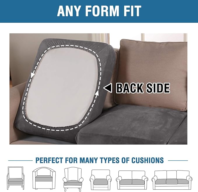 H.VERSAILTEX Velvet Stretch Couch Cushion Cover Plush Cushion Slipcover for Chair Loveseat Sofa Cushion Furniture Protector Seat Cushion Sofa Cover (3 Piece XL Sofa Cushion Covers, Grey)