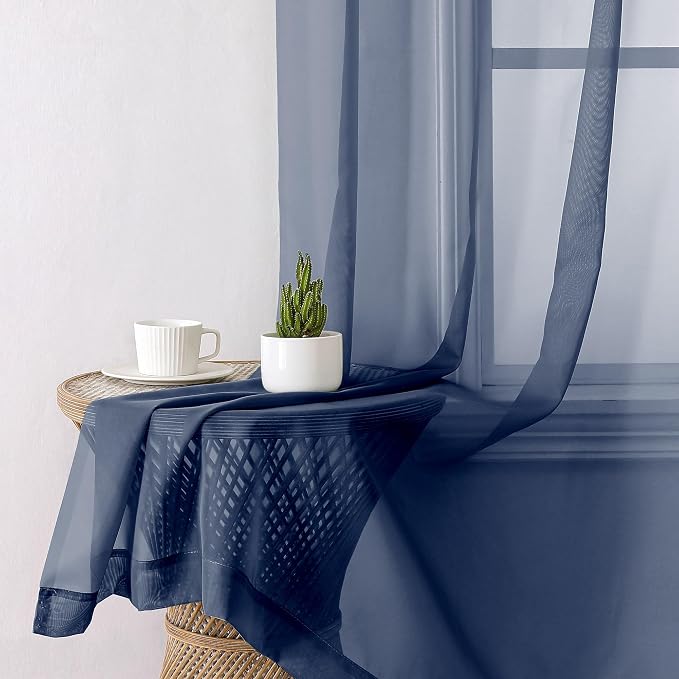 Navy Blue Sheer Curtains 90 Inches Long 2 Panels, Light Filtering Voile Airy - Image 4