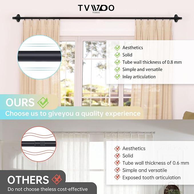 TVWOO Black Wrap Around Curtain Rods:5/8" Small Blackout Adjustable Window - Image 6
